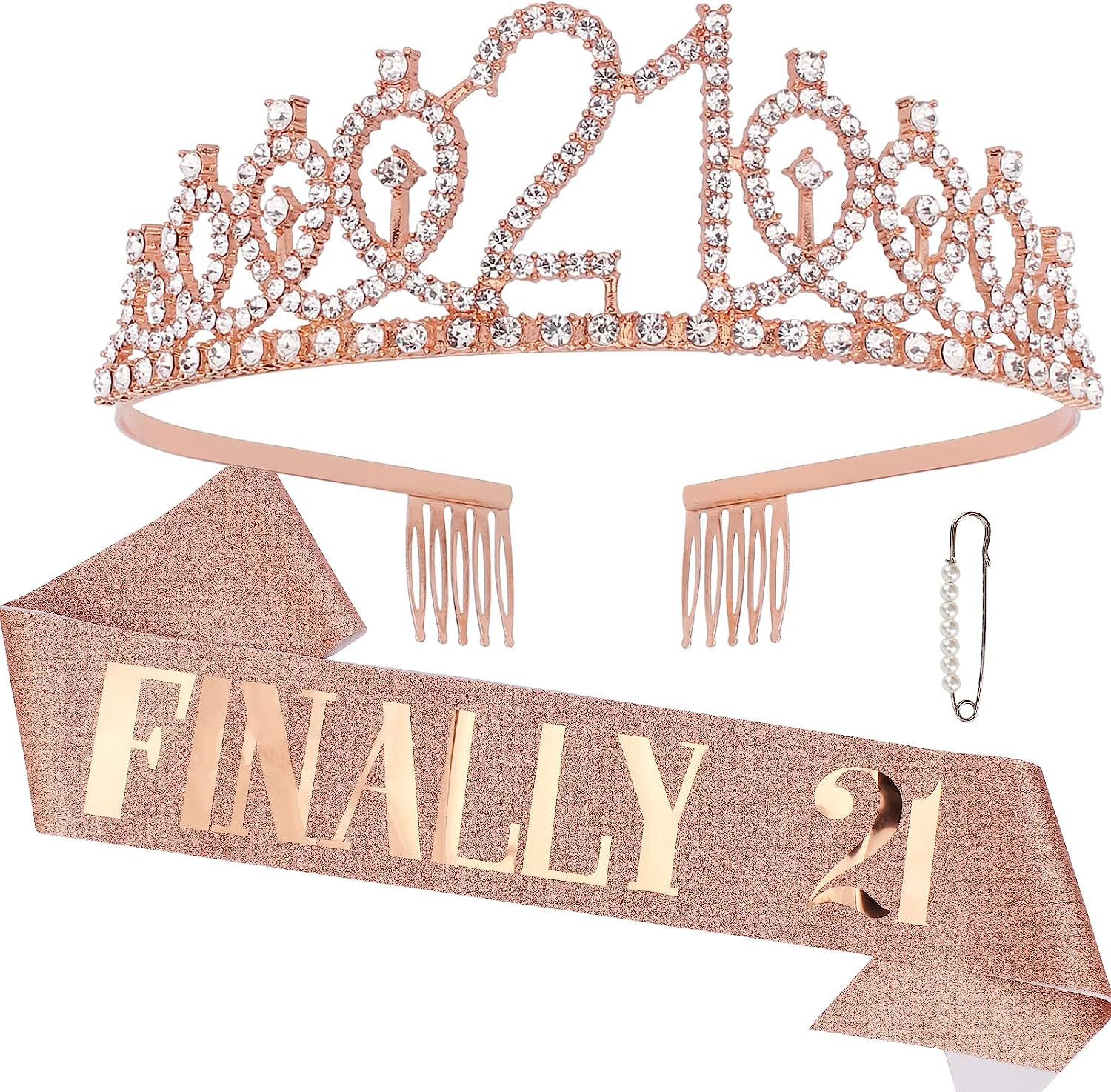 FINALLY 21 Birthday Sash and Crown for Girls Women Finally 21 Birthday Sash and Rhinestone Tiara Set for Girls Happy Birthday Crowns for Women Happy 21st Birthday Decorations for Her 21st Birthday Gifts for Her Happy 21st Birthday Party Favor Supplies (Rose Gold)