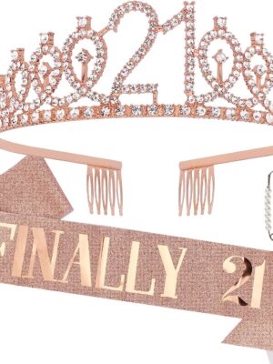 FINALLY 21 Birthday Sash and Crown for Girls Women Finally 21 Birthday Sash and Rhinestone Tiara Set for Girls Happy Birthday Crowns for Women Happy 21st Birthday Decorations for Her 21st Birthday Gifts for Her Happy 21st Birthday Party Favor Supplies (Rose Gold)